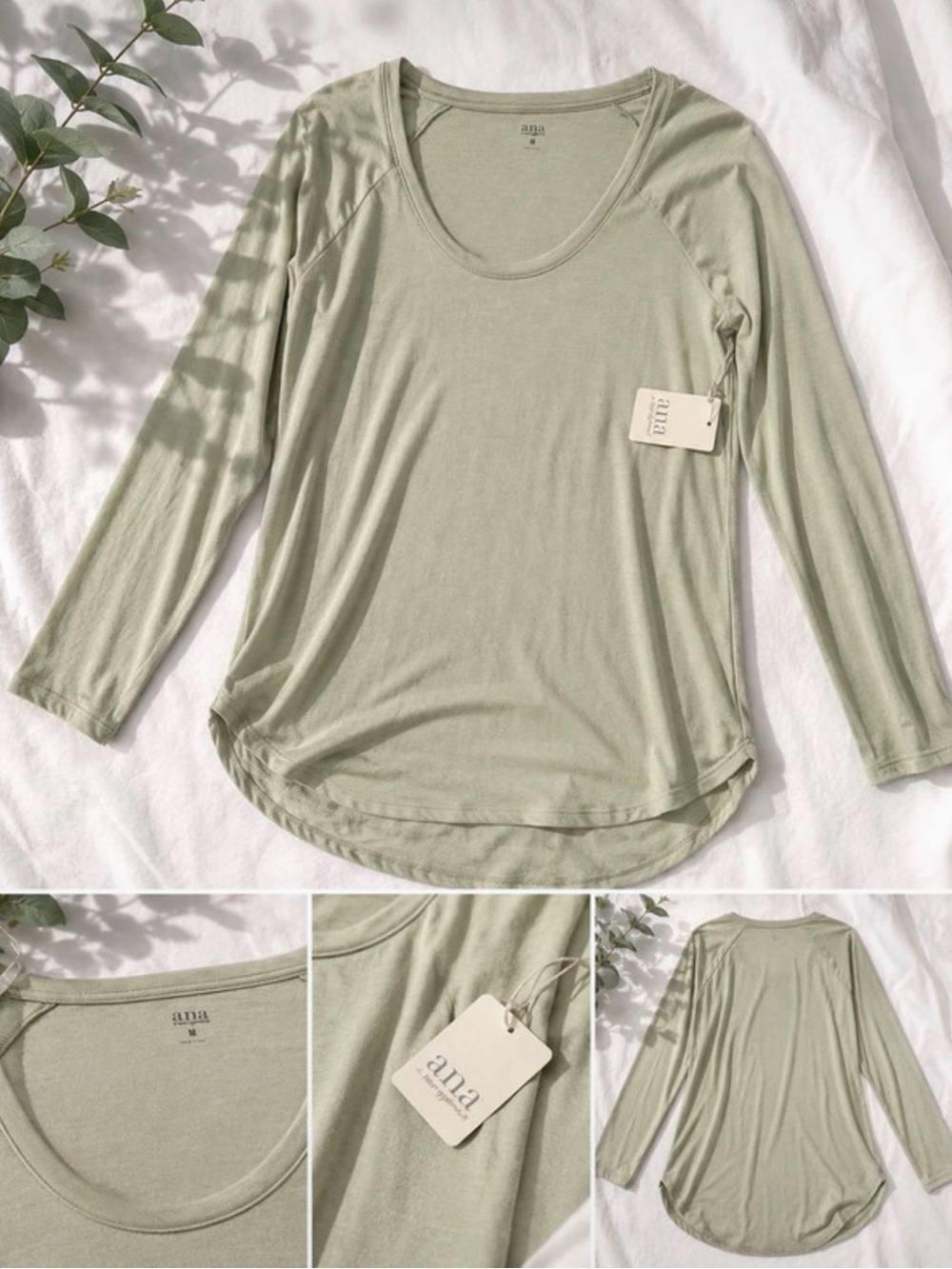 a.n.a Long-Sleeve Scoop Neck Tee in Sage